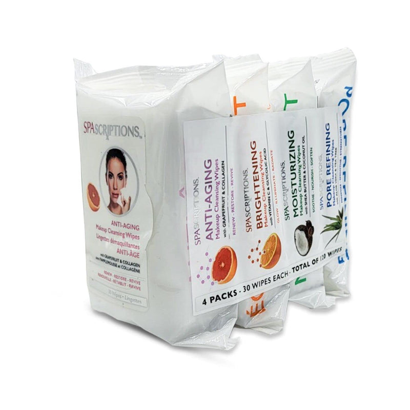 Spascriptions™ Anti-Aging, Brightening, Moisturizing & Pore Refining Towelettes Removes Waterproof Makeup, Revives with Collagen, Vitamin C, Coconut Oil, and Aloe Hypoallergenic, 120 Ct. 4 Pack 30 Count (Pack of 4)