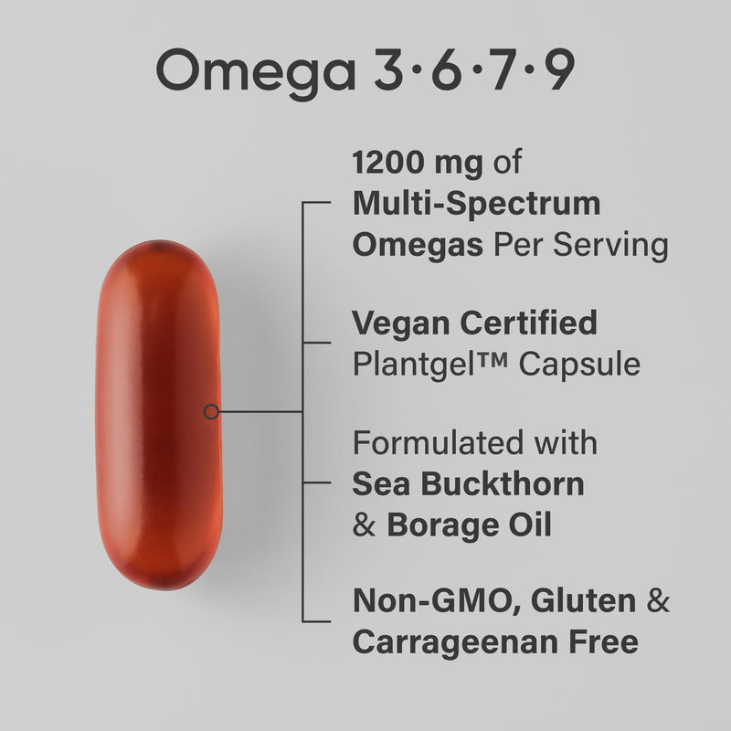 Sports Research® Vegan Omega 3·6·7·9 Complex 1635mg, 90 Count Plantgels™ | Sourced from Organic Flaxseed, Olive Oil, Sea Buckthorn, Pomegranate Seed, Sacha Inchi, Borage Oil