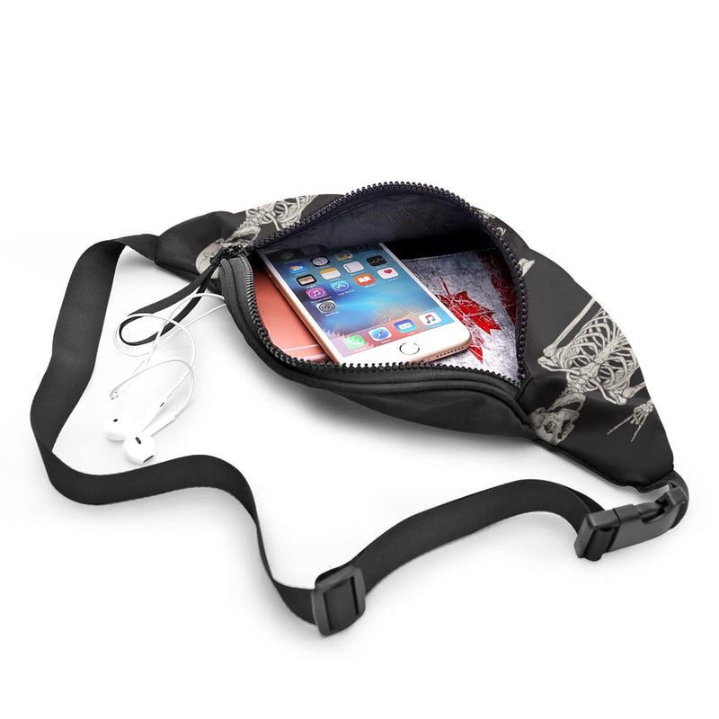 Rock And Roll Skeleton Skull Boho Hippie Fanny Pack For Women Man Sport Waist Pack Bag Adjustable Workout Waist Bag, Black 4, One Size