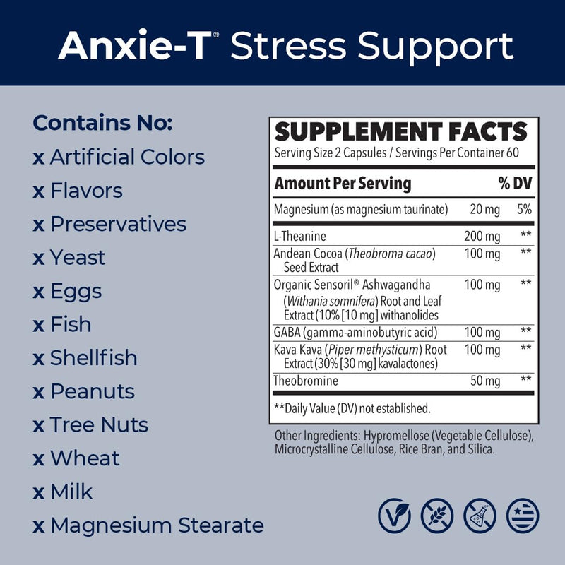 Anxie-T - Stress Relief Supplement - Supports Mood & Mental Focus - Feel Calm and Relaxed - Eases Tension & Nervousness - Ashwagandha, Kava Kava, GABA & L-Theanine - 120 Capsules 120 Count (Pack of 1) Original