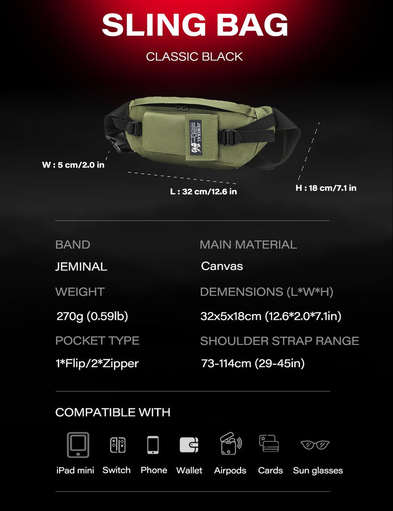 JEMINAL Sling Bag: Diamond-Grid Pattern 4L Light Spacious Crossbody Shoulder Everyday Carry Bag with Quick-adjust Strap - Double Layered Fabric Funny Pack for Men, Women, Travel, Sport (Green) Green