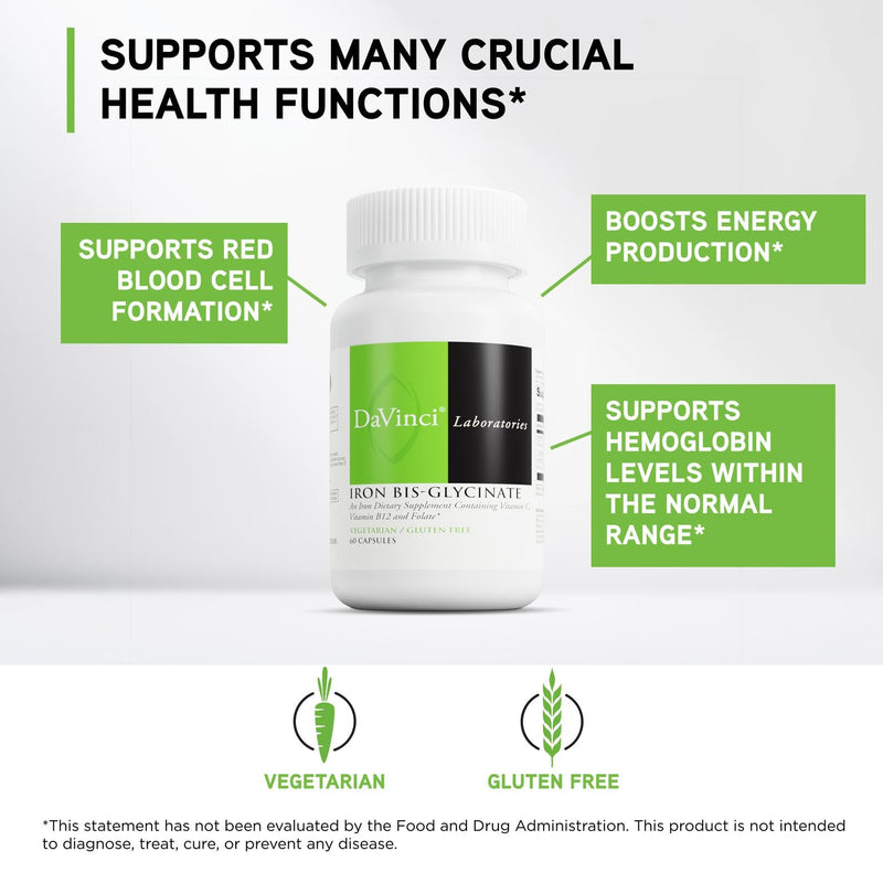 DAVINCI Labs Iron Bis-Glycinate - Gentle Iron Supplement for Women & Men - Help Support Hemoglobin Production & Normal Energy Levels with Vitamin C & More - Vegan - 60 Vegetarian Capsules