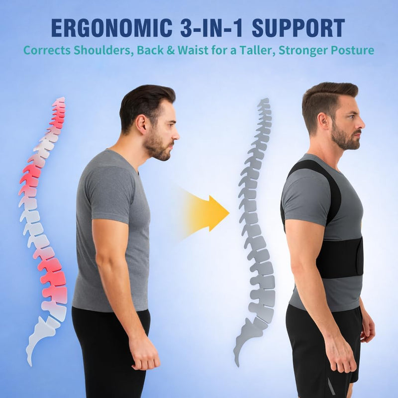 Back Brace Support Posture Corrector for Women & Men – Full Back Support for Upper, Mid & Lower Back Pain Relief, Ergonomic 3-in-1 System Improves Posture & Helps with Slouching, Rounded Shoulders, XL (37–43 in waist) X-Large 1