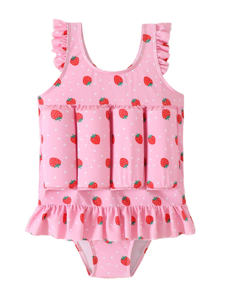 FishingDino Toddler Floatation Swimsuit Girls 1-6T, One Piece Float Suit with Built-in Float, Cute Floating Swim Suit Floatie Pink Strawberry 4-5T