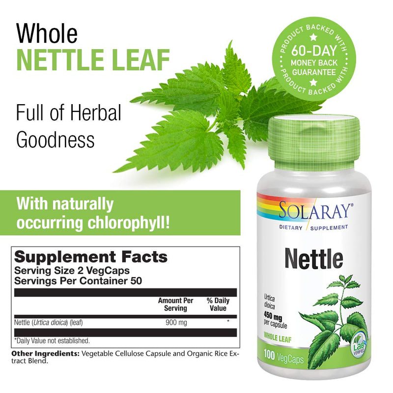 SOLARAY Nettle Leaf 900 mg, 100 VegCaps | Kidney, Urinary, Prostate & Respiratory Support, Whole Nettle Leaf, 50 Servings, Vegan, Non GMO & Lab Verified 100 Count (Pack of 1)