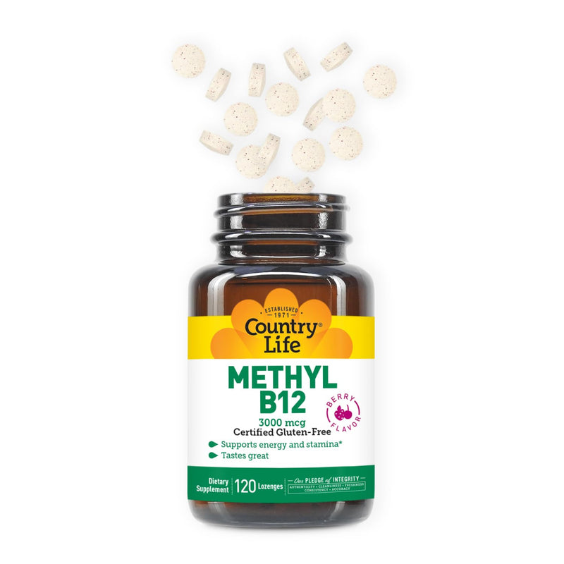 Country Life Methyl B12, 3000 mcg Lozenges, Supports Energy & Stamina, Metabolism & Red Blood Cell Production, Berry Flavor, 120 Vegan Lozenges, Certified Gluten Free & Halal