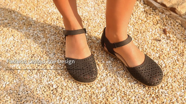 Rihero Women's Comfortable Closed Toe Flat Sandals 8.5 Cream Hollow