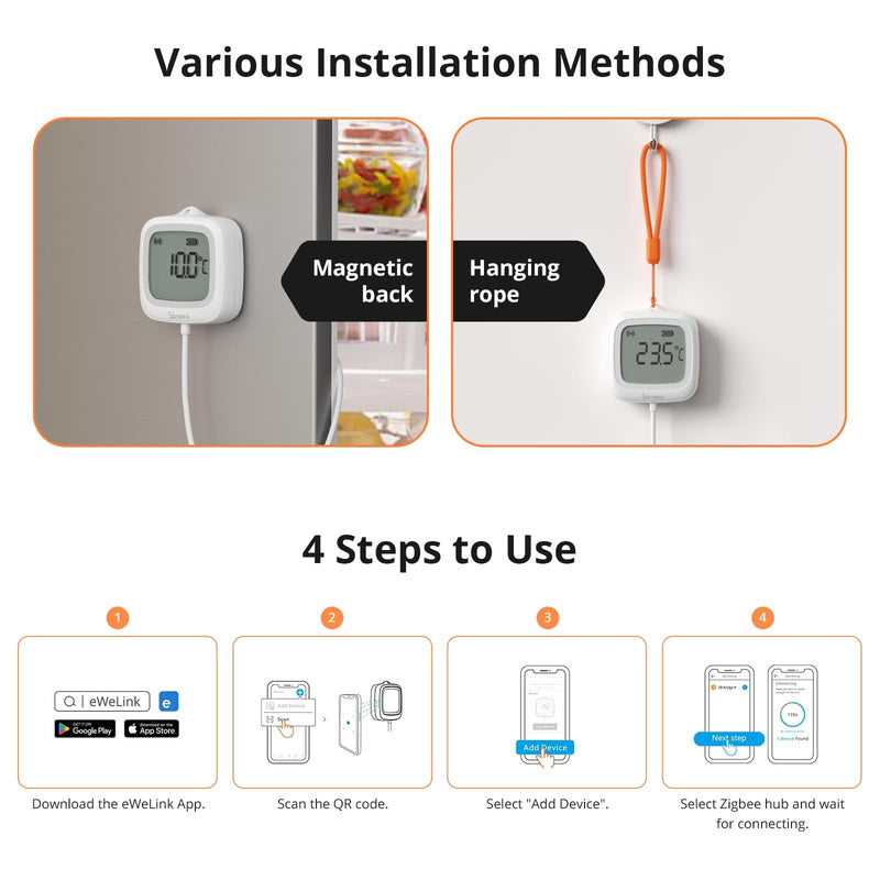 SONOFF SNZB-02LD Zigbee Waterproof Temperature Sensor with 1.5M Stainless Steel Probe, LCD Display, -40~115°C Range, APP Monitoring, Magnetic Mount, Works with Zigbee Hub - BeesActive Australia