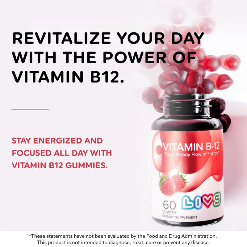 LIVS Vitamin B12 Gummies for Adults & Kids | Vegan Methylcobalamin B12 Supplement | Energy, Metabolism & Nerve Support | Raspberry Flavor | Non-GMO, Gluten-Free, Pectin-Based | 60 Count B 12 60 Count (Pack of 1)