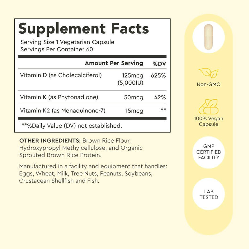 Alaya Vitamin D3 K2 5000IU with MK-7 for Bone & Immune Support 60 Capsules