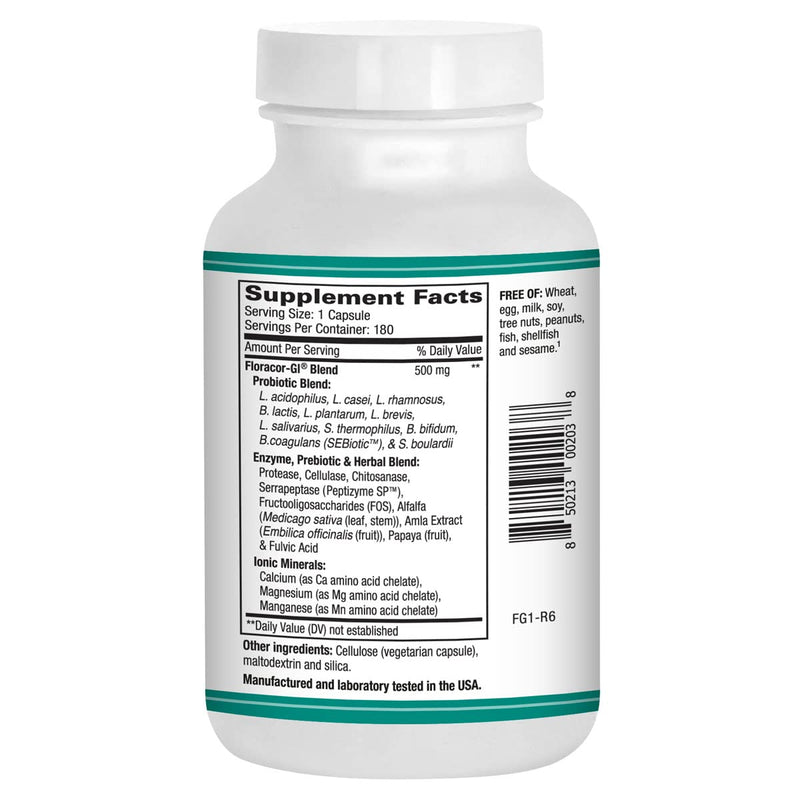 Floracor – Probiotics & Enzymes to Support Intestinal & Gut Heath –180 Vegetarian Capsules
