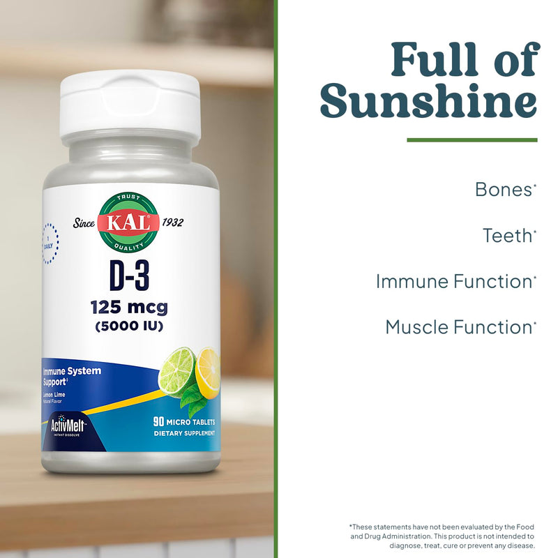 KAL Vitamin D-3 5000 IU ActivMelt, Instant Dissolve, Natural Lemon Lime Flavor, Healthy Immune Function & Bone Support, 90 Servings, 90 Micro Tablets 90 Count (Pack of 1)