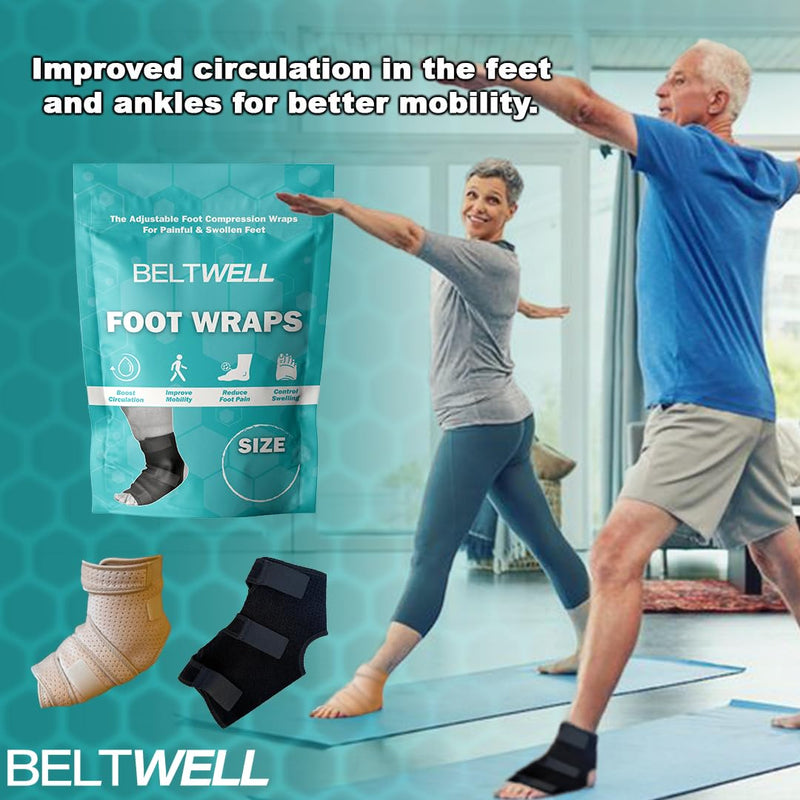 Beltwell¬Æ - Adjustable Foot & Ankle Compression Wraps For Edema, Lymphedema, Swelling, Neuropathy, Diabetic Foot Care, Circulation (2 Wraps) Large Black - BeesActive Australia
