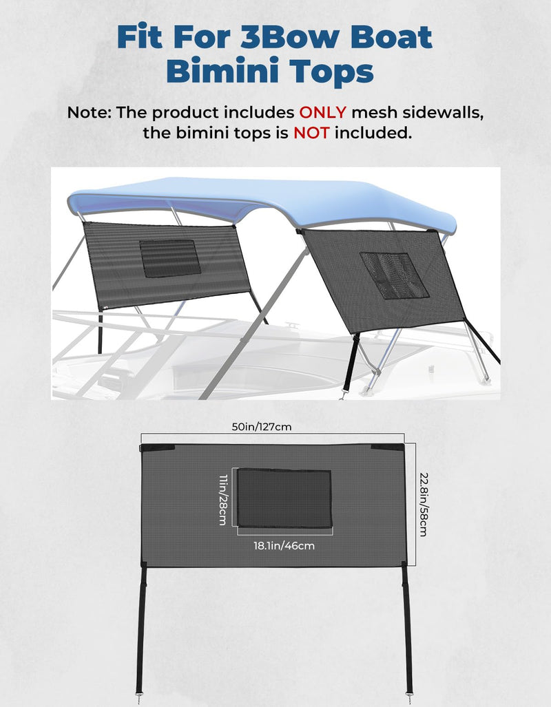 KEMIMOTO Detachable Mesh Sidewalls Universal for 3 Bow Bimini Tops, with Large Pockets for Fishing Gear, Includes 2 Straps(Bimini Tops Not Included) - BeesActive Australia
