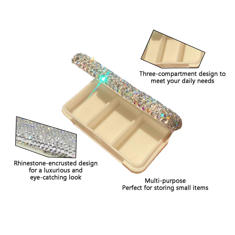 1 Pack Mini Portable Rhinestone Pill Box,Luxury Travel Pill Organizer, 3 Compartment Sealed Leakproof Pill Case for Purse,Pocket Medication Vitamin Holder,Small Jewelry Storage,Gift for Women Silver