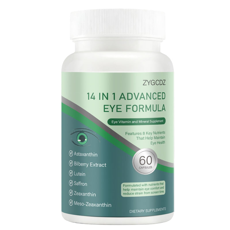 14-in-1 Advanced Eye Vitamin Supplement with Lutein, Zeaxanthin, Bilberry Extract & Zinc for Adults - Supports Vision, Macula & Blue Light Protection - 60 Capsules (01) 1