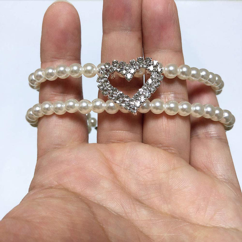 Dog Pearls Necklace Collar for Small Dogs Girl - Bling Cat Wedding Collar Pet Jewelry with Rhinestone Heart Charm - Female Chihuahua Yorkie Clothes Accessories (White, 8 to 10-Inch) Neck Size: 8"-10" White - BeesActive Australia