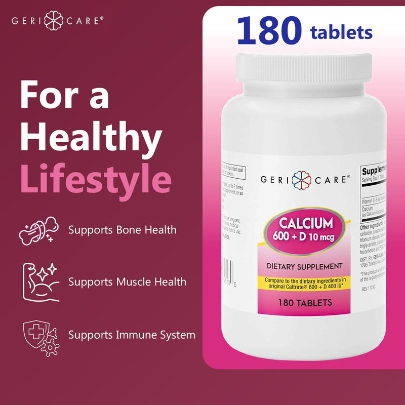 GeriCare Calcium 600mg - Vitamin D 10mcg Tablets - Bone Health - Nutritional Supplement, 180 Count (Pack of 1) 180 Count (Pack of 1)