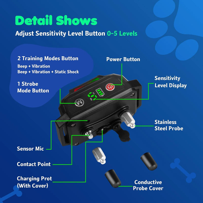 Dog Bark Collar, Rechargeable Smart Anti Barking Collar for Large Medium Small Dogs, No Shock Bark Collarfor Dogs with 5 Sensitivity Levels, Anti Bark Collar with Adjustable Ultrasonic Beep Vibration - BeesActive Australia