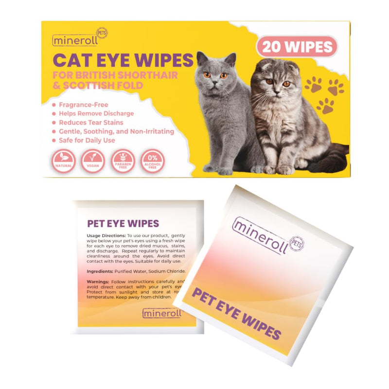 Cat Eye Wipes for British Shorthair and Scottish Fold - Individually Wrapped, Gentle Tear Stain Remover, Fragrance-Free, Alcohol-Free, Vegan, Soft Fabric - 20 Count
