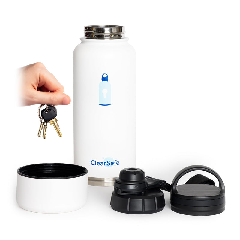 ClearSafe Insulated Stainless Steel Sports/Pet Water Bottle with Storage Compartment, 32 oz, White, 2 Lids, WB32White001 - BeesActive Australia