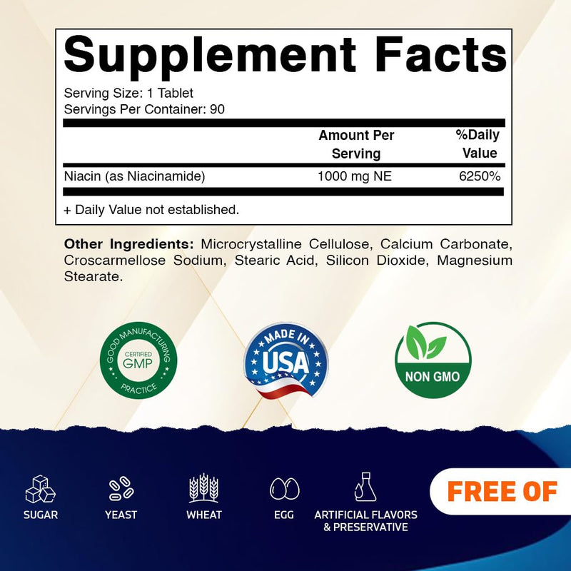 Vitamatic Niacinamide 1000 mg 90 Tablets - Flush Free Vitamin B3 - Supports Energy Production 90 Count (Pack of 1)