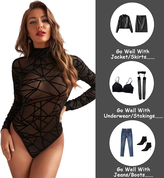 WinsGreat Women's Long Sleeve Sheer Sexy Sheer Black Bodysuit High Neck Leotard Jumpsuit All-in-One Innerwear Tops Slimming Breathable Elastic - BeesActive Australia