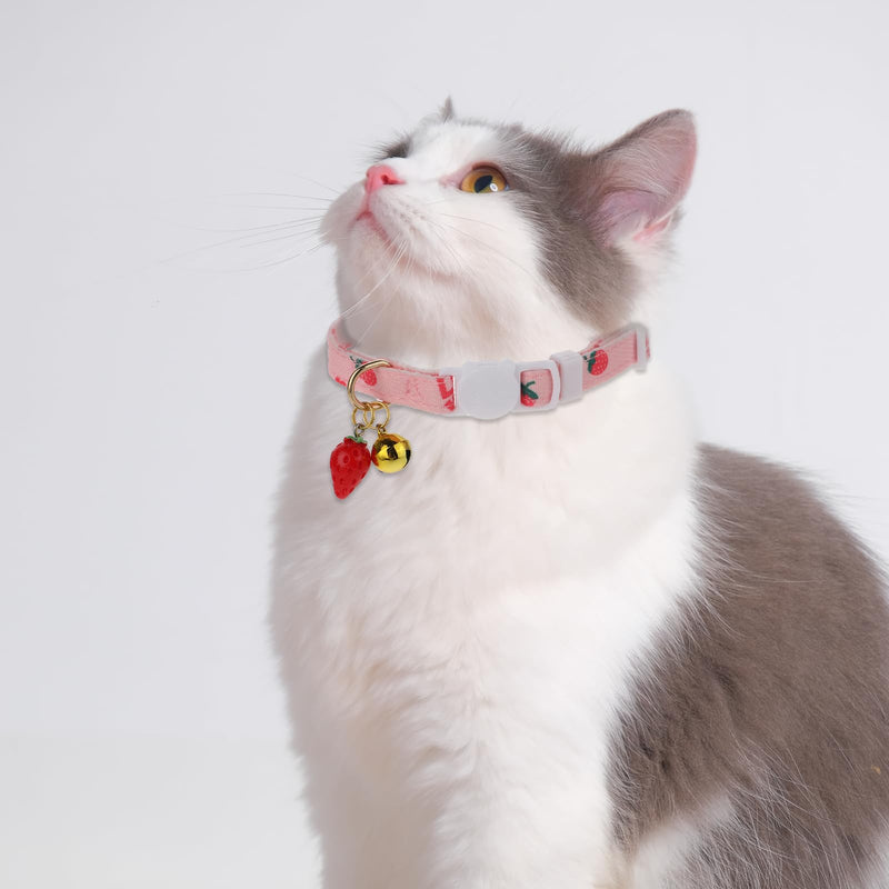 2 Pcs Cotton Breakaway Cat Collar, Safety Adjustable Cat Collars Set Strawberries and Heart Shaped Pendant Kitten Collar Cute Cat Collar with Bell - BeesActive Australia