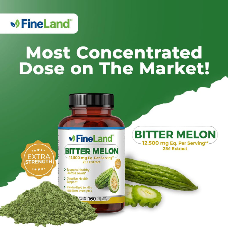 FineLand Bitter Melon 25:1 Extract 12,500mg Strength, 10% Bitter Principles, 160 Vegan Capsules, Supports Digestive Health, Standardized and Concentrated 25X Extract, Non-GMO Made in USA