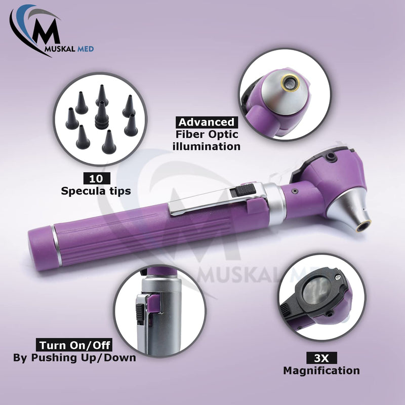 Mini Otoscope Portable Ear Light and Exam Kit 3X Magnifying Fiber Optic Scope with Spare Tips, Bulb, and Carrying Case - Pocket Equipment for Home and Use Purple - BeesActive Australia