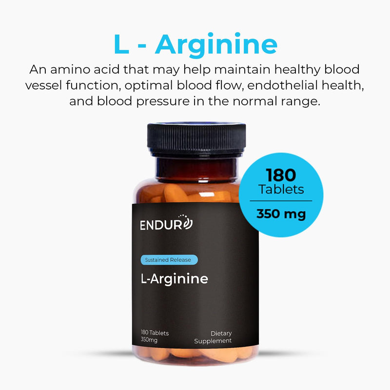 Endurance Products ENDUR - L-Arginine - 350 mg - Blood Flow & Heart Function Support - High-Potency - Supports Nitric Oxide Production for Overall Blood Flow & Vascular Health - 180 Tablets