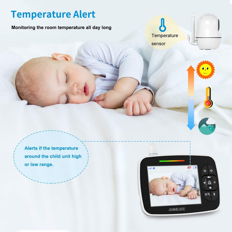 ANMEATE Baby Monitor with Remote Pan-Tilt-Zoom Camera,Large Display Video Baby Monitor with Camera and Audio |Infrared Night Vision |Two Way Talk | Room Temperature| Lullabies and 960ft Range（Black） Black - BeesActive Australia
