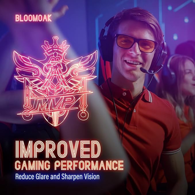 Bloomoak-99% Blue Green Light Blocking Glasses - Gaming Glasses - Anti Glare - Anti Fatigue -Suitable for Screens, Games, TVs 99% - Matte Black (Hard Case Included) Orange Lens - Night - BeesActive Australia