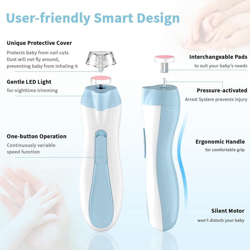 Baby Nail File Electric Baby Nail Care Set with LED Light, Baby Nail Clipper Electric for Newborn/Infants/Adults Toenails and Fingernails, 7 Grinding Head Replacement Pads, Blue