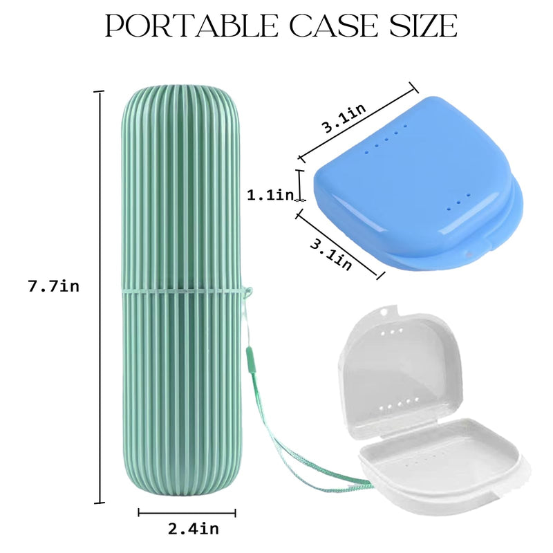 7PCS Denture Bath Case Cup Kit Denture Brush Kit False Teeth Cleaning Tools with 3 Brush, 2 Retainer and Bath Cases with Carry Box, Green Green Case&blue/White