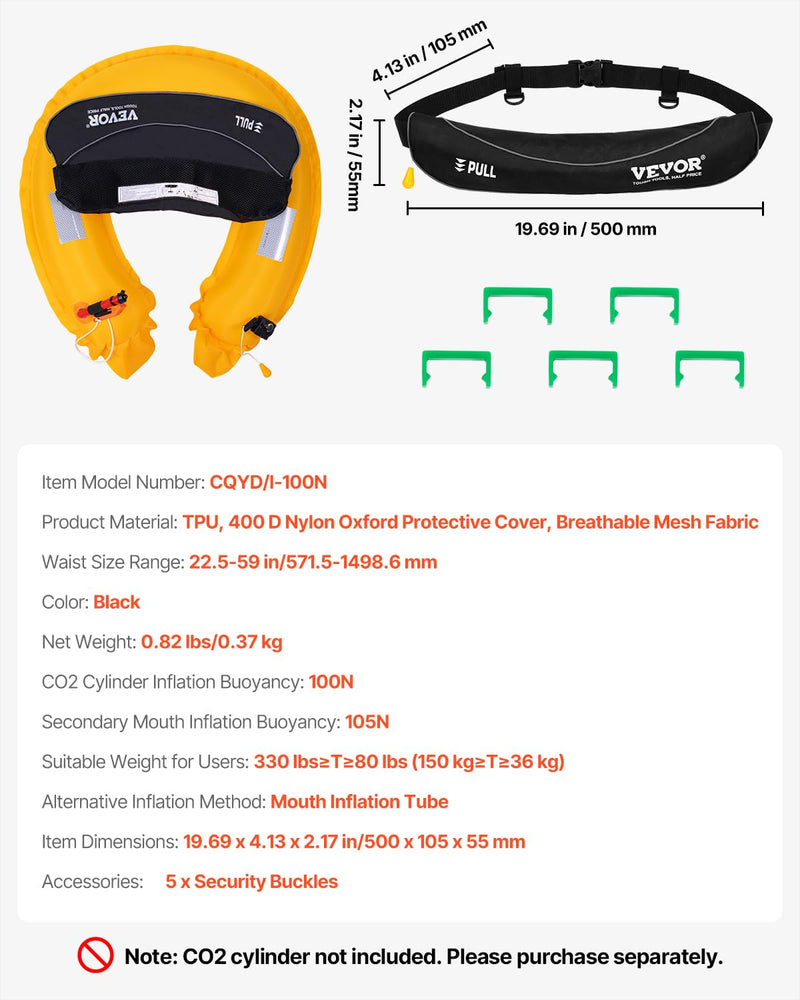 VEVOR Manual Inflatable Belt Pack for Adults, 105N Buoyancy, Over 80 Pounds and Up to 59 in Waist Adjustable, Inflatable PFD Waist for SUP Paddelboarding, Kayaking (CO2 Cylinder Not Included) Black