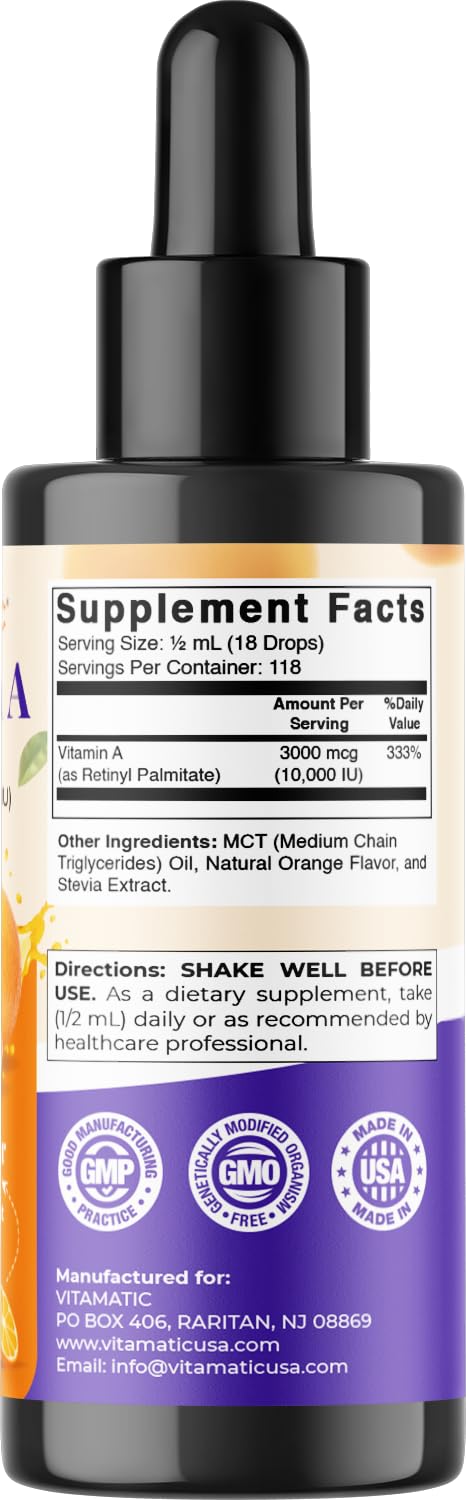 Vitamatic Sugar Free Vitamin A Liquid Drops 10000 IU (3000 mcg) as Retinyl Palmitate - Approximate 4 Months Supply - Immune Support, Eye Health, Skin Health - 2 FL OZ (59 ml) - BeesActive Australia