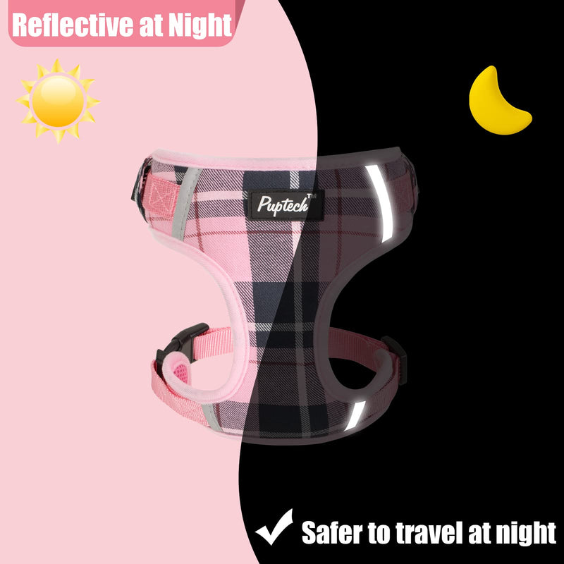 PUPTECK Dog Harness and Leash Collar Set for Small Medium Dogs Puppy and Cats Walking No Pull Adjustable Reflective Soft Mesh Padded Plaid Harnesses Pet Accessories, Pink, M M (Chest 16"-21", Neck 14.5"-17") - BeesActive Australia
