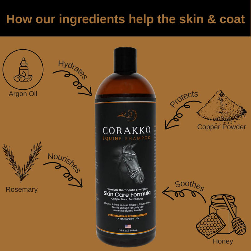 Corakko - Horse Shampoo - Premium Therapeutic Skin Care Formula - Nano-Copper Technology - Leaving Coat Conditioned & Protected against Skin Funk, Itching, Bites, & Preventing Skin Ailments - 32oz - BeesActive Australia