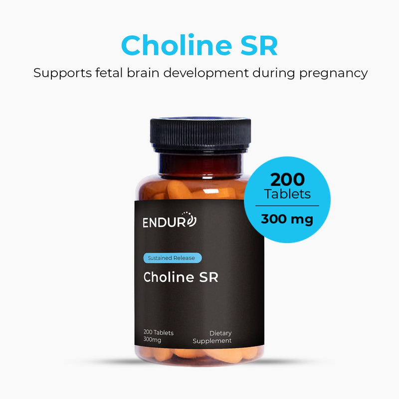 Endurance Products ENDUR Choline L(+) Bitartrate SR 300 mg, 200 Tablets | Sustained Release, Brain, Liver, Cellular & Fetal Development, Pregnancy Support, Optimal 6–8 Hour Absorption Delivery