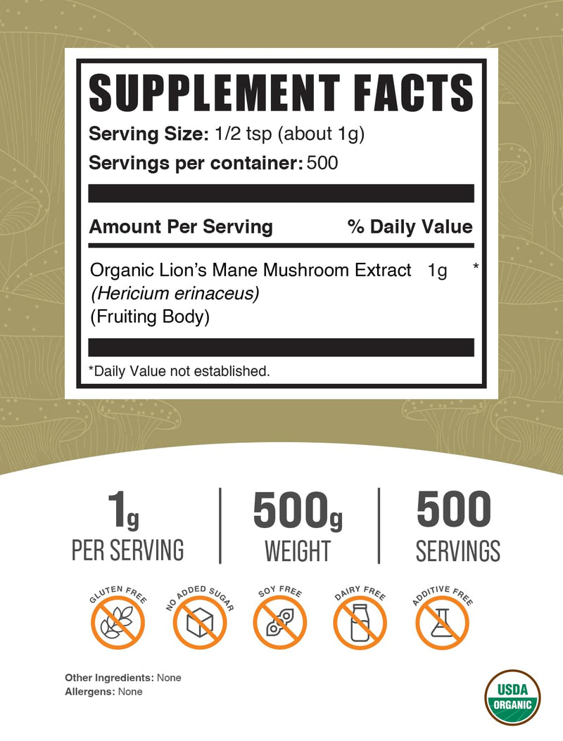 BulkSupplements.com Organic Lion's Mane Mushroom Extract Powder - Mushroom Supplement, Brain Supplement for Memory and Focus Support - Vegan, 1g per Serving, 500g (1.1 lbs) (Pack of 1) 17.64 Ounce (Pack of 1)