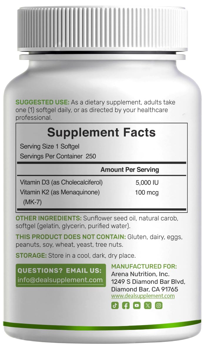 DEAL SUPPLEMENT 2 Pack Vitamin D3 5,000 IU + K2 MK7 Softgels, 500 Count | 2-in-1 Complex | Supports Heart, Bone, Teeth & Immune Health | Easy to Swallow 250 Count (Pack of 2)