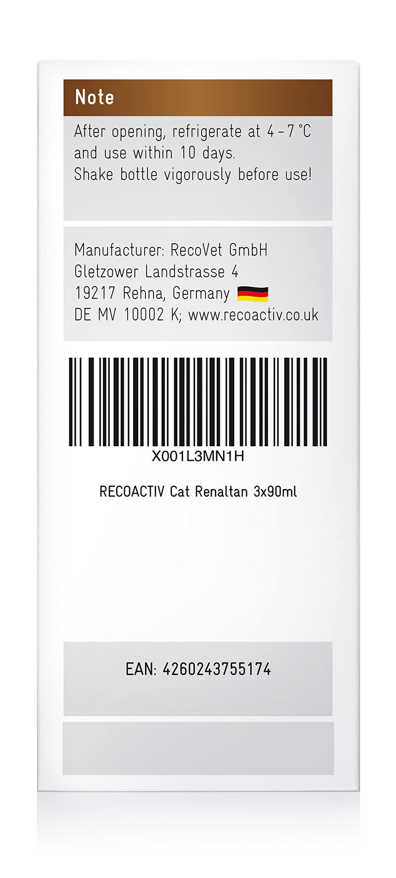 RECOACTIV Renaltan Tonic for cats, 3 x 90 ml, dietary supplement with phosphate binder to reduce the phosphate content of food for animals with renal insufficiency or CRI