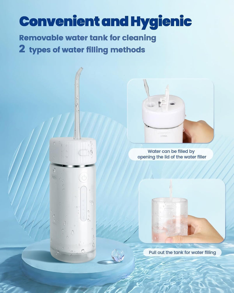 FERRISA Portable Cordless Water Flosser Rechargeable, Detachable Water Tank, Water Dental Flosser with 4 Refill Heads, 4 Modes & Ipx7 Waterproof, Travel Water Flosser for Braces, Teeth Care White