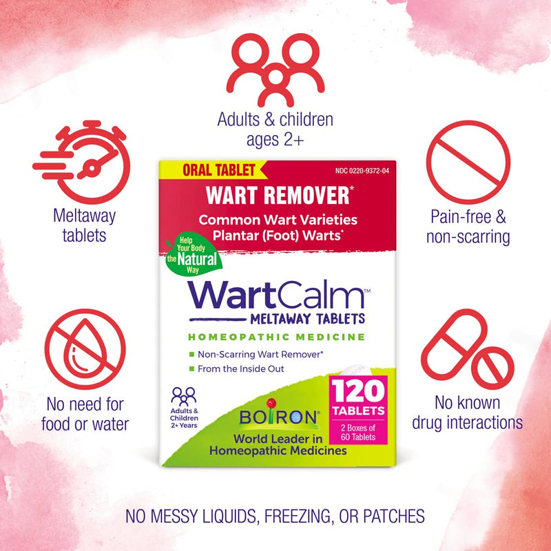 Boiron WartCalm for Painless Wart Removal on Hands, Knees, Plantar (Feet), and Other Bodily Warts for Adults & Children Ages 2+ - 120 Count (2 Pack of 60)