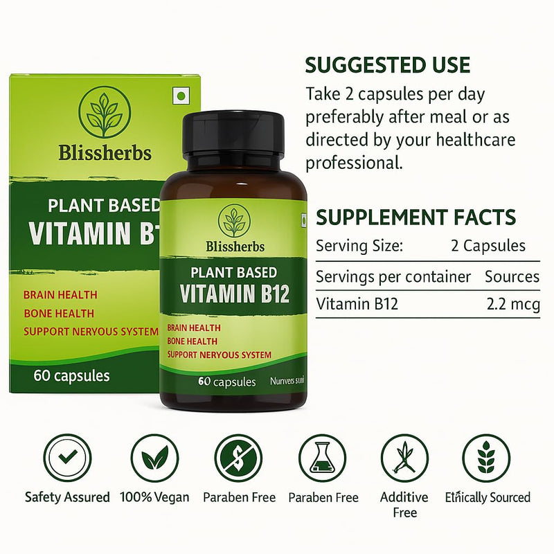 Plant-Based Vitamin B12 – 100% Vegan & Vegetarian B12 Supplement with 7 Superfoods (Moringa, Amla, Wheatgrass, Spinach & More) – Supports Energy, Nerve & Brain Health – 60 Veg Capsules