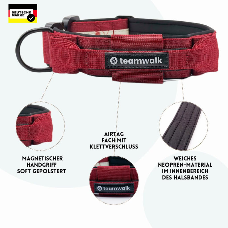 teamwalk® Premium dog collar - with magnetic handle, light strips, air tag pocket, individually adjustable, soft padding, robust buckle, available with matching leash, NOW EVEN lighter (M) collar M (4cm) Bordeaux - BeesActive Australia
