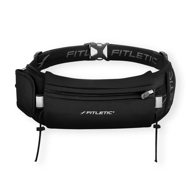 Fitletic - Ultimate II Running Pouch with Gels, Runners Pouch, Running Waist Belt with Gel Loops, Exterior Pocket, Inner Pocket, and Integrated Bib Toggles, Running Accessories Black - BeesActive Australia