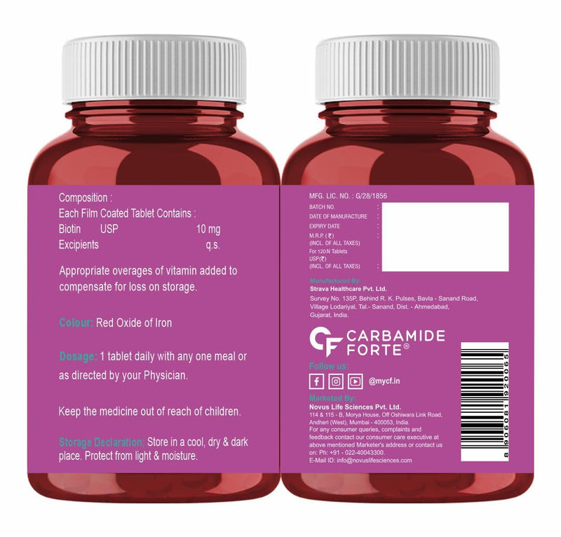 Carbamide Forte Biotin 10000mcg (High Potency) per Veg Tablet - Supports Hair Growth, Glowing Skin and Strong Nails - Biotinova (120 Tablets)