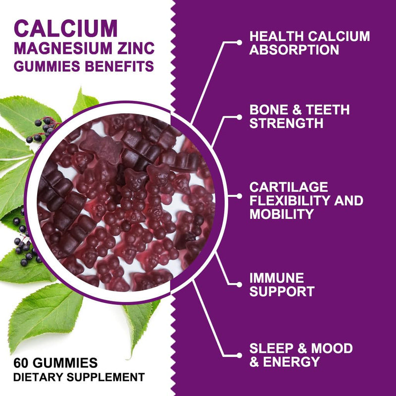 Calcium Magnesium Zinc Gummies with High Absorption Magnesium Glycinate 300mg, Potassium - Plant Complex Calcium Magnesium 2:1 Ratio, with D3 Sea Moss for Bone, Immune & Sleep Support, Vegan-1 Pack 60 Count (Pack of 1)